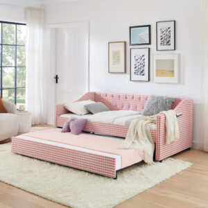 Twin Size Daybed,Upholstered Convertible Daybed With Tufted Button Backrest, 3 In 1 Versatile Sofa Bed With Pull Out Trundle & Side Storage, Perfect For Compact Living-Pink