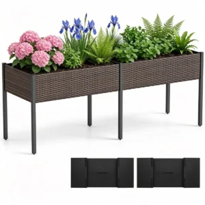 2-Section PE Rattan Raised Garden Bed, 29" Ergonomic Elevated Planter Box with Detachable Fabric Liner, 352LBS Total Capacity for Patio Backyard Vegetables Herbs