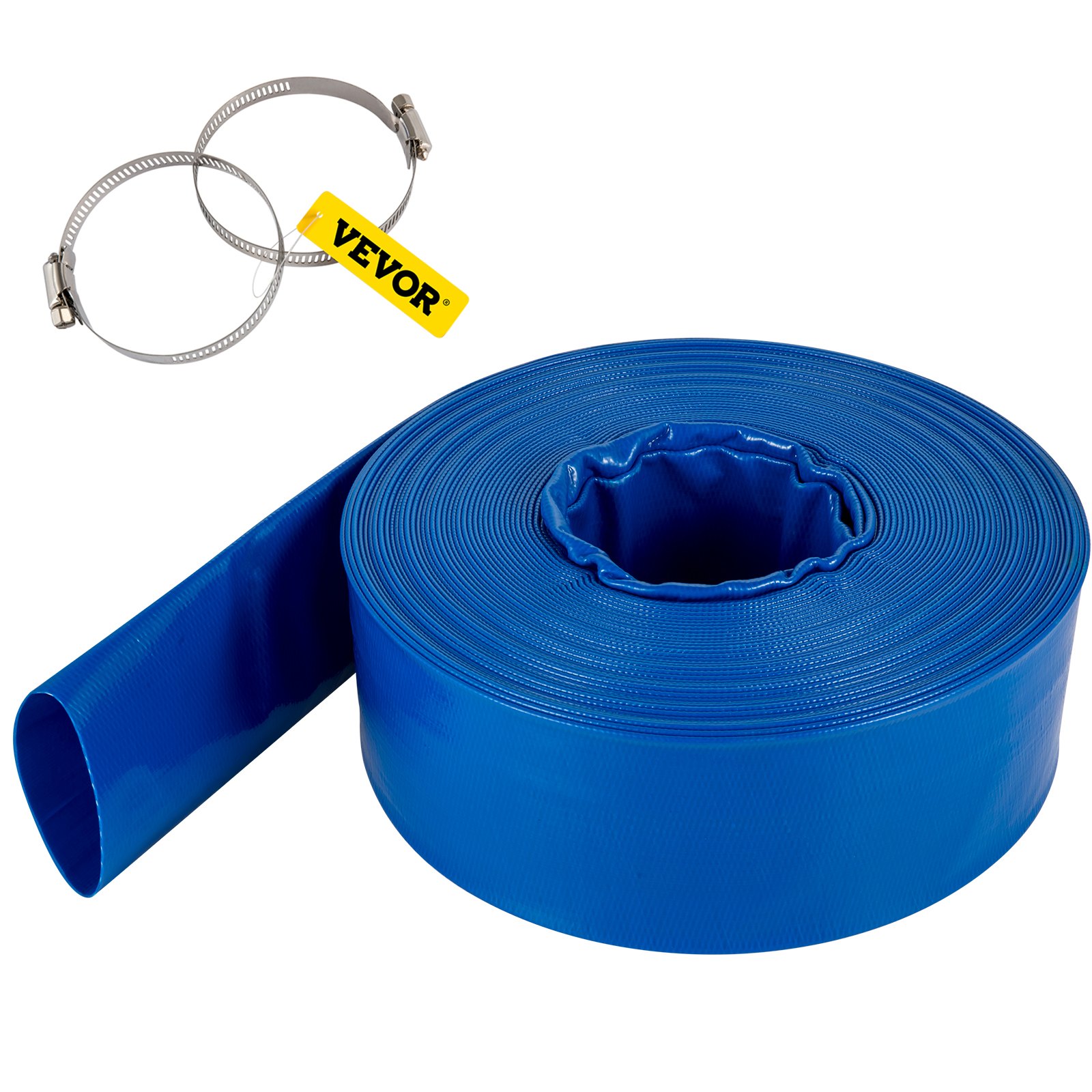 Discharge Hose, 1-1/2" X 100', PVC Fabric Lay Flat Hose, Heavy Duty Backwash Drain Hose With Clamps, Weather-proof & Burst-proof, Ideal For Swimming Pool & Water Transfer, Blue