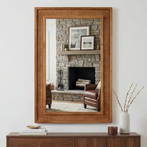 Yellowish Brown 24"x36" Rattan Rectangle Solid Wood Frame Decorative Mirror,For Farmhouse,Bathroom,Home Decor,Entryway