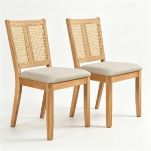 2 Pack Rubber Wood Dining Chairs, PVC Woven Rattan Back Side Chairs with Padded Fabric Seat, Ergonomic Armless Kitchen Chairs Supports 380LBS Each