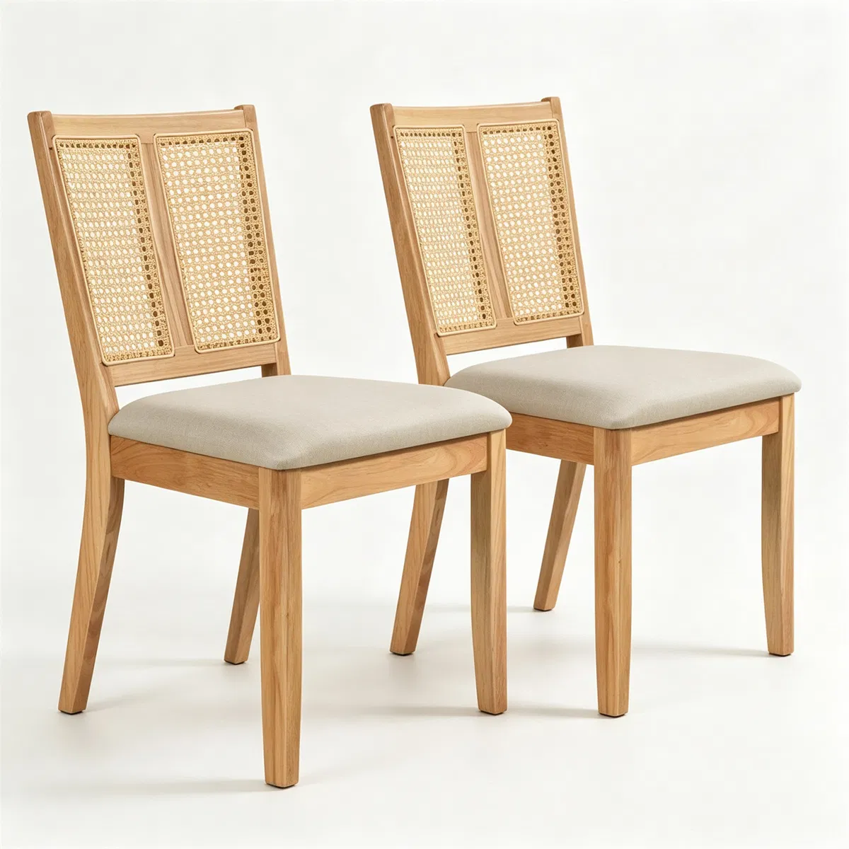 2 Pack Rubber Wood Dining Chairs, PVC Woven Rattan Back Side Chairs with Padded Fabric Seat, Ergonomic Armless Kitchen Chairs Supports 380LBS Each