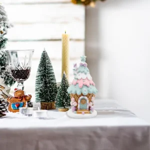 Gingerbread House Decorations, Pastel Pink Gingerbread Christmas Decor, Christmas Resin Ginger Bread Treehouse Decorations Indoor, Xmas Tabletop Village Houses Decor