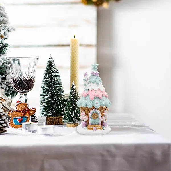 Gingerbread House Decorations, Pastel Pink Gingerbread Christmas Decor, Christmas Resin Ginger Bread Treehouse Decorations Indoor, Xmas Tabletop Village Houses Decor