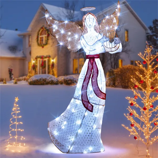 5ft Pre-Lit Christmas Angel Decor - 120 Cold White LEDs, IP44 Waterproof, Metal+Mesh Fabric