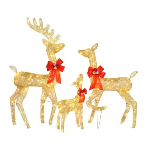 3pcs 54*20*122cm 30.00V 3.60W Family Elk Golden Iron Frame Cotton Thread Green Onion Powder Courtyard Elk Decoration