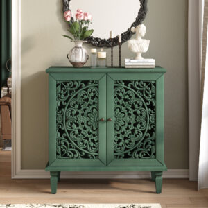 Vintage Hollow-Carved Accent Cabinet, 2-Door Display Storage Sideboard With Symmetrical Floral Design, Adjustable Shelf And Solid Wood Legs For Living Room Entryway Antique Green