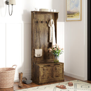 Hall Tree with Coat Rack, Storage, and Sitting Bench, Rustic Brown