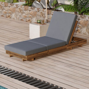 Lounge Chaise Set, Acacia Solid Wood With LOUNGE CUSHION Dark Grey TRIPLE FOLDS - Matching Cream Version Available