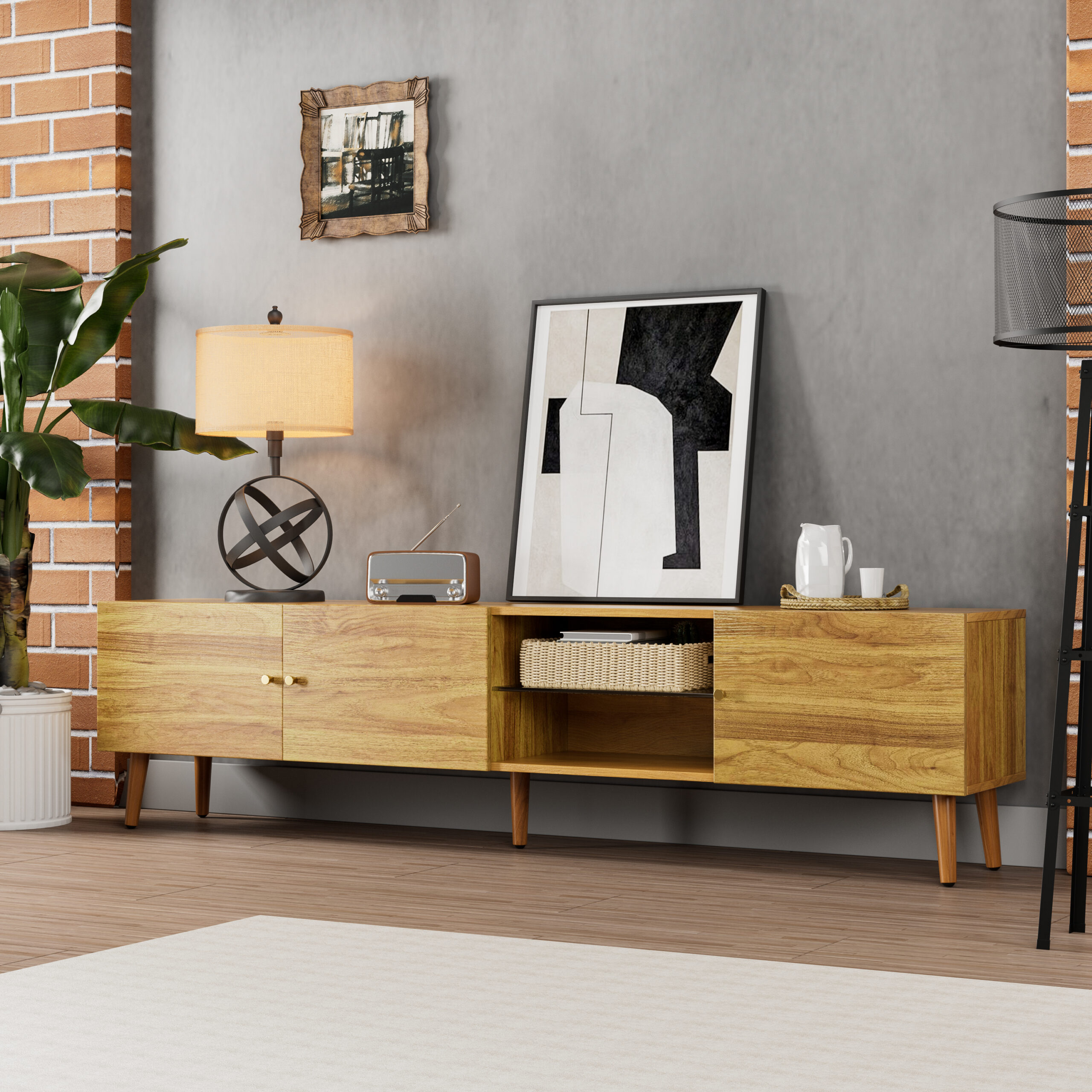 70 Inch Mid Century Modern TV Stand, TV Stand With Storage, Entertainment Center For Living Room Bedroom, TV Media Console