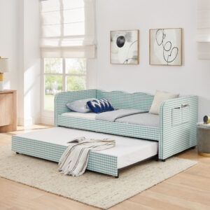 Twin Size Daybed, Gingham Upholstered 3 In 1 Versatile Convertible Sofa Bed With Pull Out Trundle Side Storage Pockets, Ideal For Multiple Room Layouts And Small Space Living CYAN