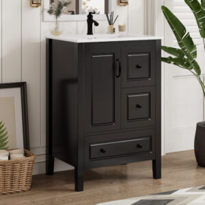 24 Inch Bathroom Vanity With Sink, One Cabinet With Soft-closing Door, 3 Soft-closing Drawers, Retro Metal Handles, Black