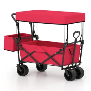 Foldable Utility Wagon,Adjustable Handle Outdoor Wagon, Puncture-Proof Wheels With Brakes, Removable Bag & Side Pockets-Red