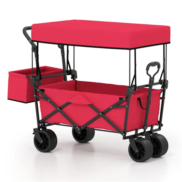 Foldable Utility Wagon,Adjustable Handle Outdoor Wagon, Puncture-Proof Wheels With Brakes, Removable Bag & Side Pockets-Red