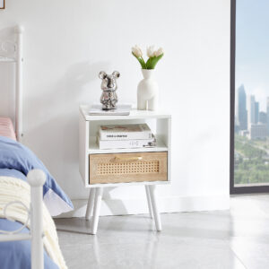 15.75 Rattan End Table With Drawer And Solid Wood Legs, Modern Nightstand, Side Table For Living Room, Bedroom, White