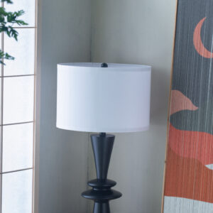 D15x26.7 Black Aluminum Table Lamp With Two Varying Round Accents And White Drum Shade Lamp Shade Assembly Required