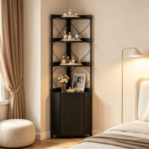 Freestanding Corner Display Shelf, Black Engineered Wood & Metal Bookcase With Concealed Cabinet, Anti Fall Corner Storage Unit For Small Modern Home