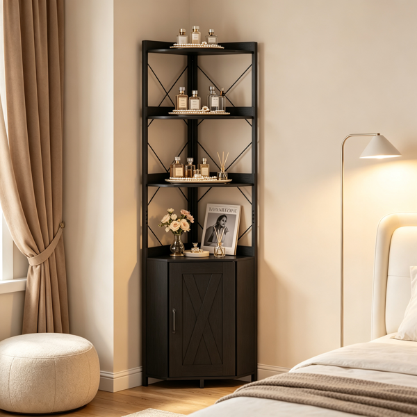 Freestanding Corner Display Shelf, Black Engineered Wood & Metal Bookcase With Concealed Cabinet, Anti Fall Corner Storage Unit For Small Modern Home
