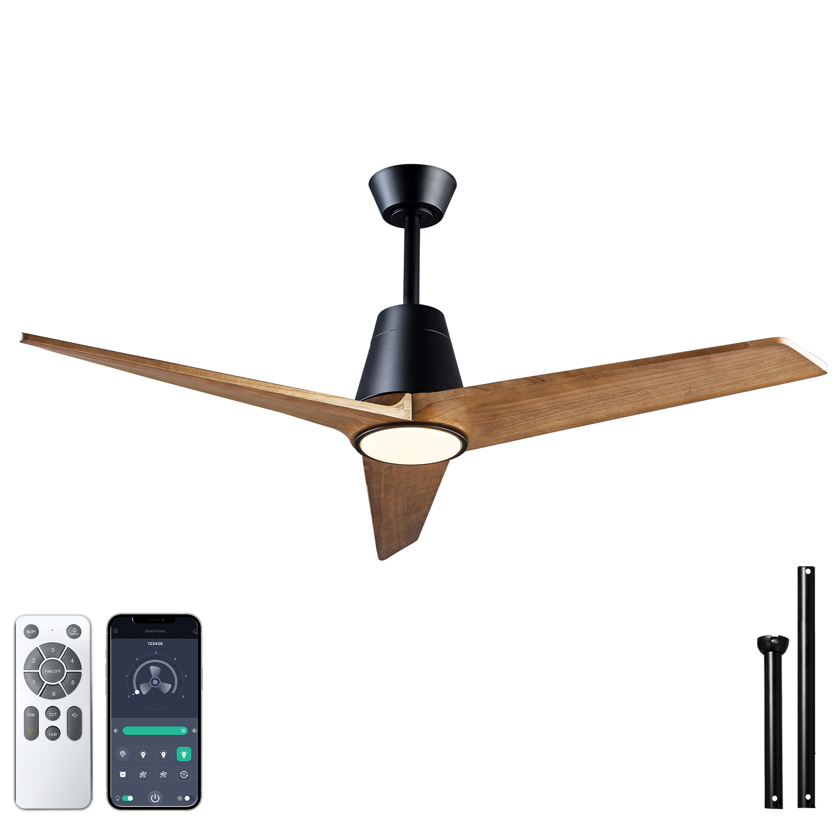 52 inch Decorative Ceiling Fan with Lights,3 Solid Wood Blade, Remote Control, 3CCT Dimmable LED, Timer, 6-Speed Reversible Motor Use for Living Room or Patio