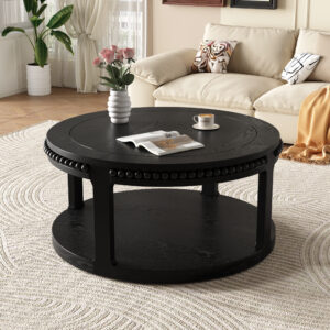 31.5 Inch Solid Wood Round Coffee Table For Living Room,2-Tier Rustic Wood Desktop With Storage Shelf Modern Design Home Furniture Black
