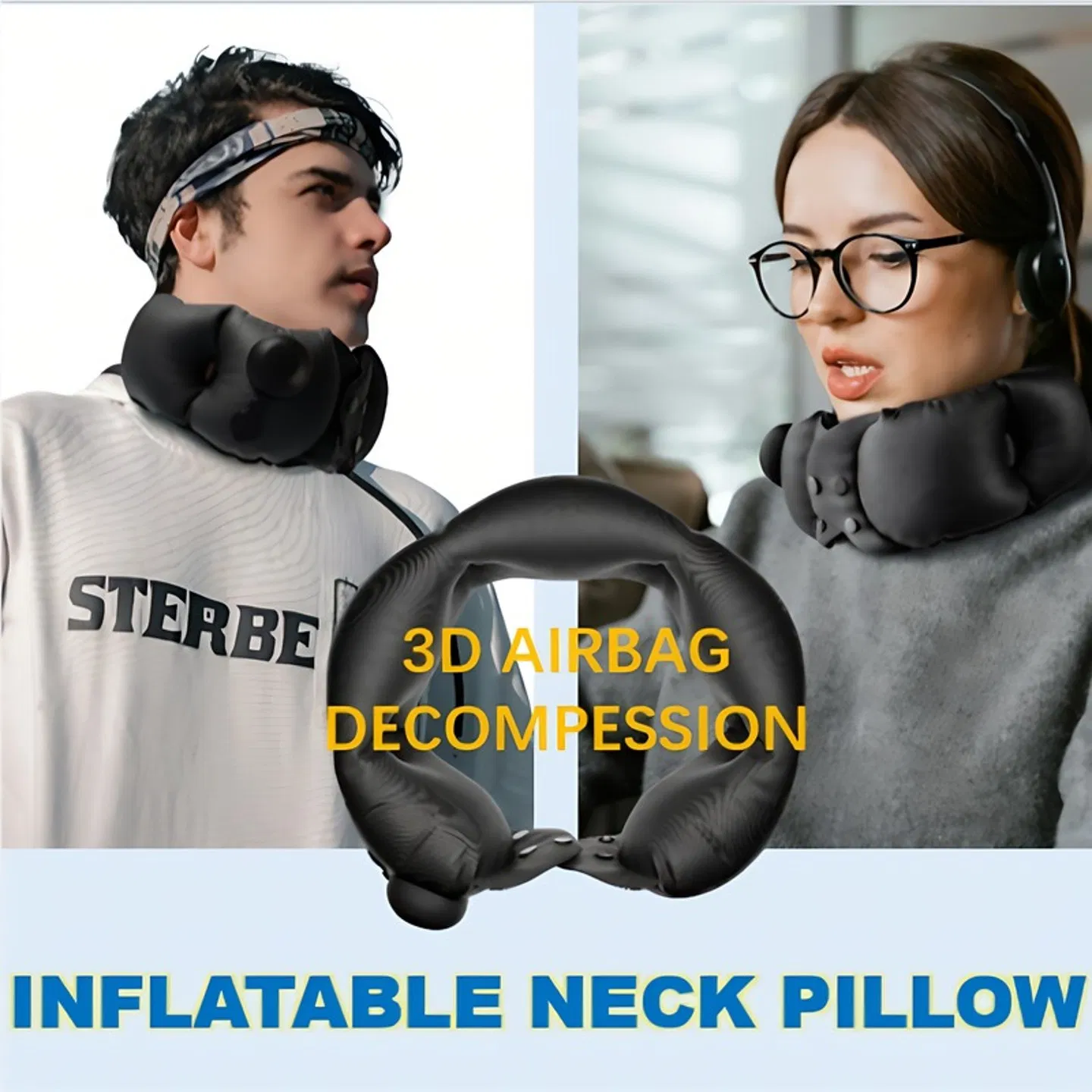 Inflatable neck pillow, adjustable in softness, made of skin-friendly material, providing extremely comfortable neck protection during travel.