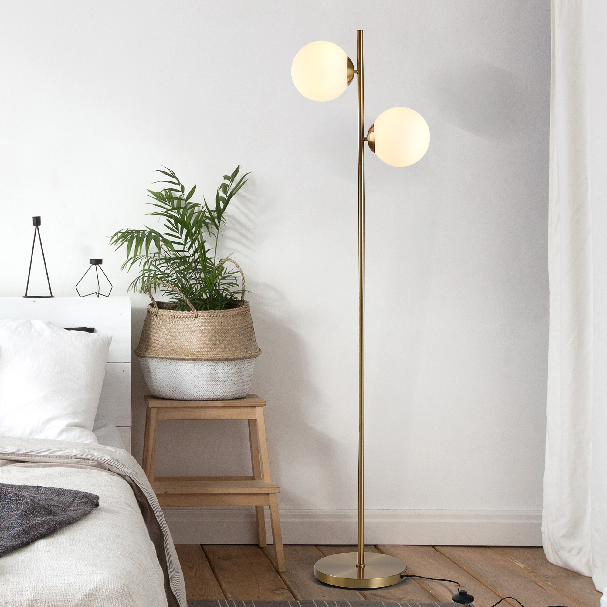 Floor Lamp w/ 2pcs Glass Lamp Shade Modern Portable Decorative Lamp, White