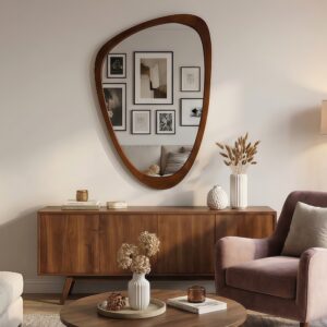 Black Walnut Wood Color 24 X36 Irregular Solid Wood Frame Decorative Mirror,For Bedroom, Bathroom, Living Room, Entryway