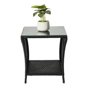 Outdoor Patio Wicker Side Table, Square End Table Bistro Coffee Table With Glass Top Storage Shelf For Porch Garden Backyard Black(SAME AS 70525212 )