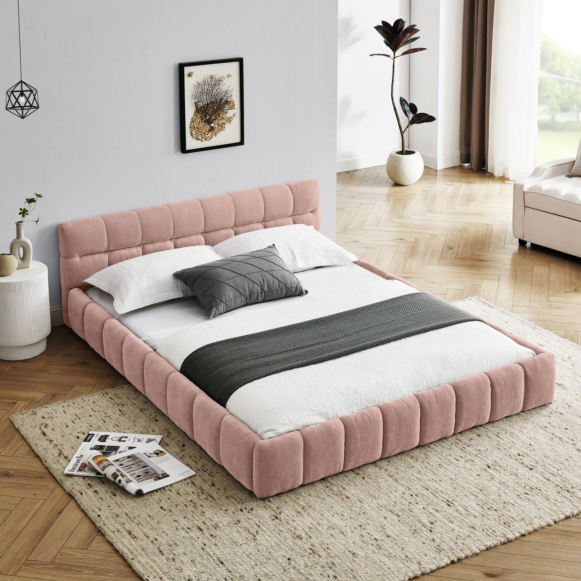 Queen Size Upholstered Bed Frame With Thick Fabric, Chenille Fabric Grounded Queen Size Platform Bed With Headboard And Solid Frame. No Box Spring Needed, PINK 68x86.5x23.5
