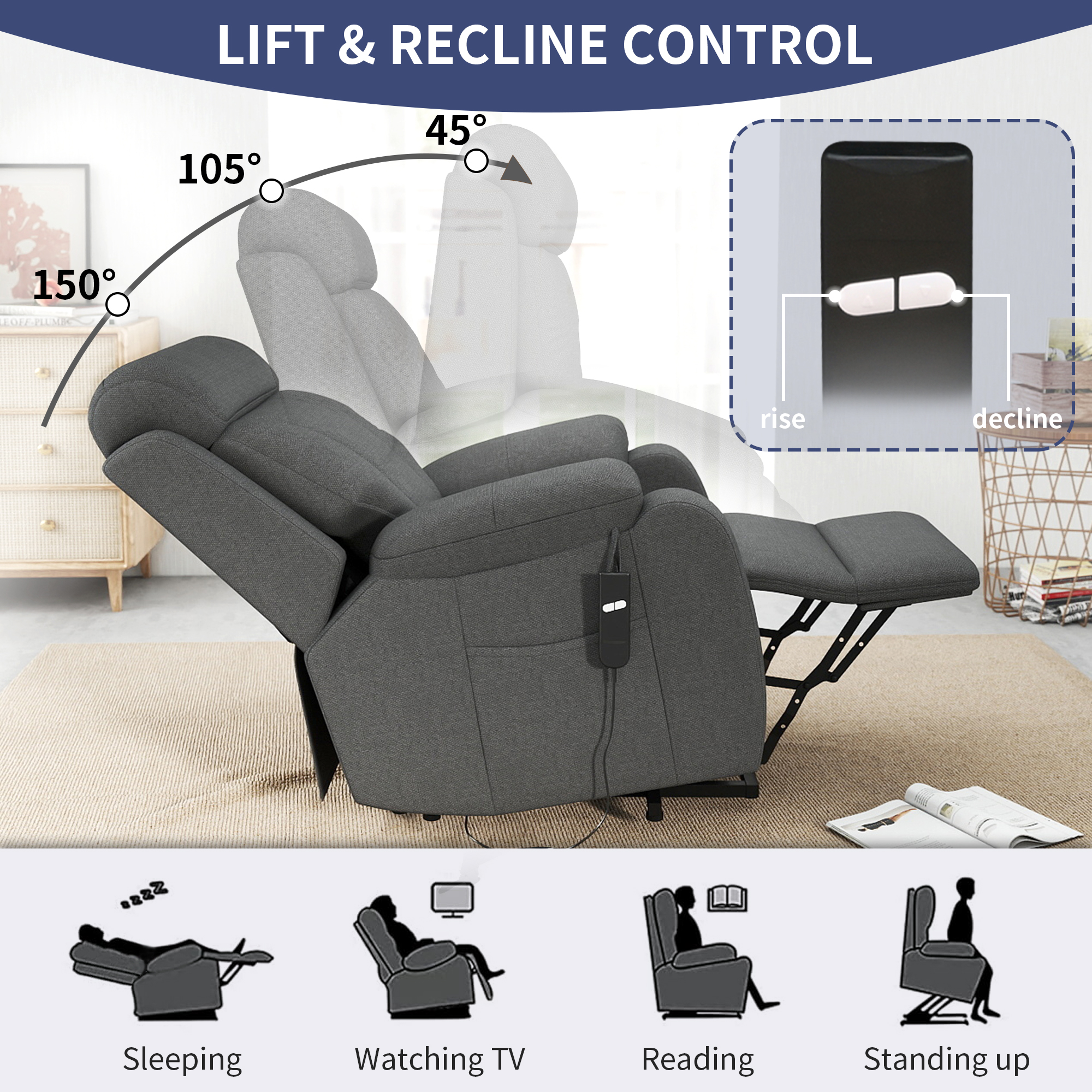 Power Lift Recliner For Elderly, Lift Chair Recliners For Small Spaces, Electric Recliner Chairs For Seniors, Remote Control, Adjustable, Side Pocket Dark Gray Snowflake Velvet