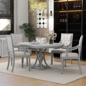 TREXM Retro 5-piece Dining Set Extendable Round Table And 4 Chairs For Kitchen Dining Room ANTIQUE GRAY OAK