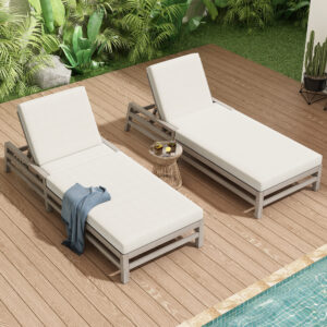 TREXM 5-Position Adjustable Outdoor Chaise Lounge Set Of 2 Solid Wood Patio Recliner Chair With Thick Cushions Weather-Resistant For Pool Balcony & Garden Gray