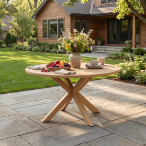 44.5 Inch Round Outdoor Dining Table, Premium Acacia Wood Patio Table with X-Shaped Base, Slatted Wooden Table for Garden, Backyard, Balcony and Indoor Use, Acacia Wood Finish