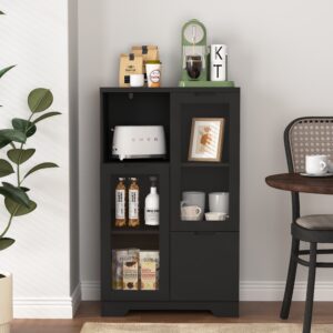 MDF Painted Cabinet With Glass Doors And Drawer, Open Storage Space, Black ,Bedroom, Living Room