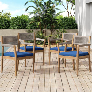 Braided Acacia Wood Outdoor Dining Chairs Set Of 4 -Teak Look With Beige Rope & Navy Cushions,All-Weather Patio Furniture For Garden, Poolside, And Backyard Durable & Stylish