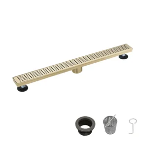 28 Inch Linear Shower Drain with Removable Square Patterned Grate, 304 Stainless Steel with Hair Strainer and Leveling Feet, Brushed Gold