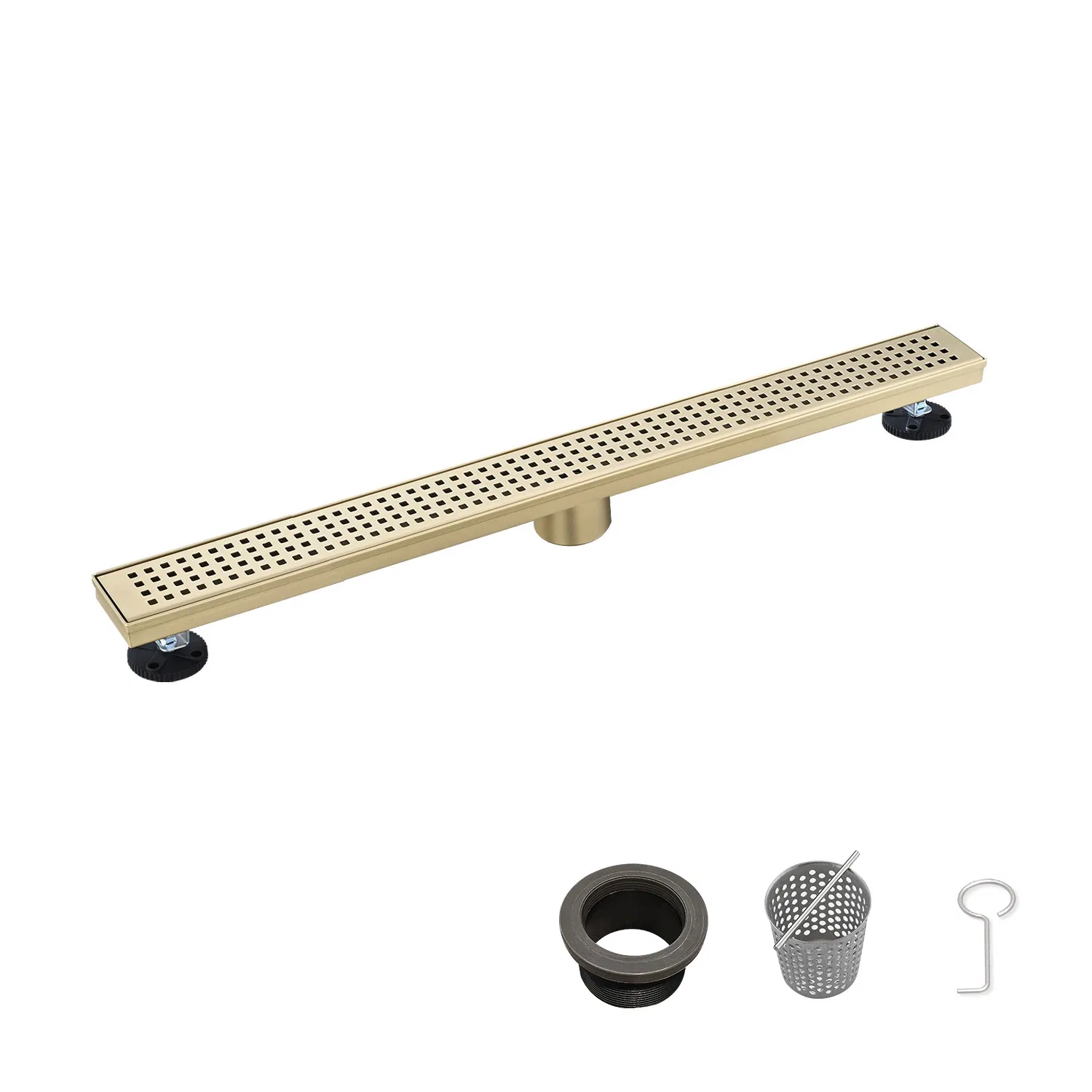 28 Inch Linear Shower Drain with Removable Square Patterned Grate, 304 Stainless Steel with Hair Strainer and Leveling Feet, Brushed Gold
