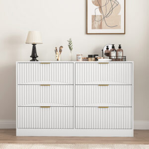Modern 6-Drawer Dresser, Chest Of Drawers For Bedroom, Living Room, Hallway, And Entryway - Large Storage Cabinet, White,Drawer Panel With Wavy Patterns