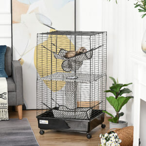 42" Ferret Cage, Small Animal Habitat Metal Pet Cage with Wheels Brakes, Hammocks, Hanging Tunnels, and 3 Doors, Black