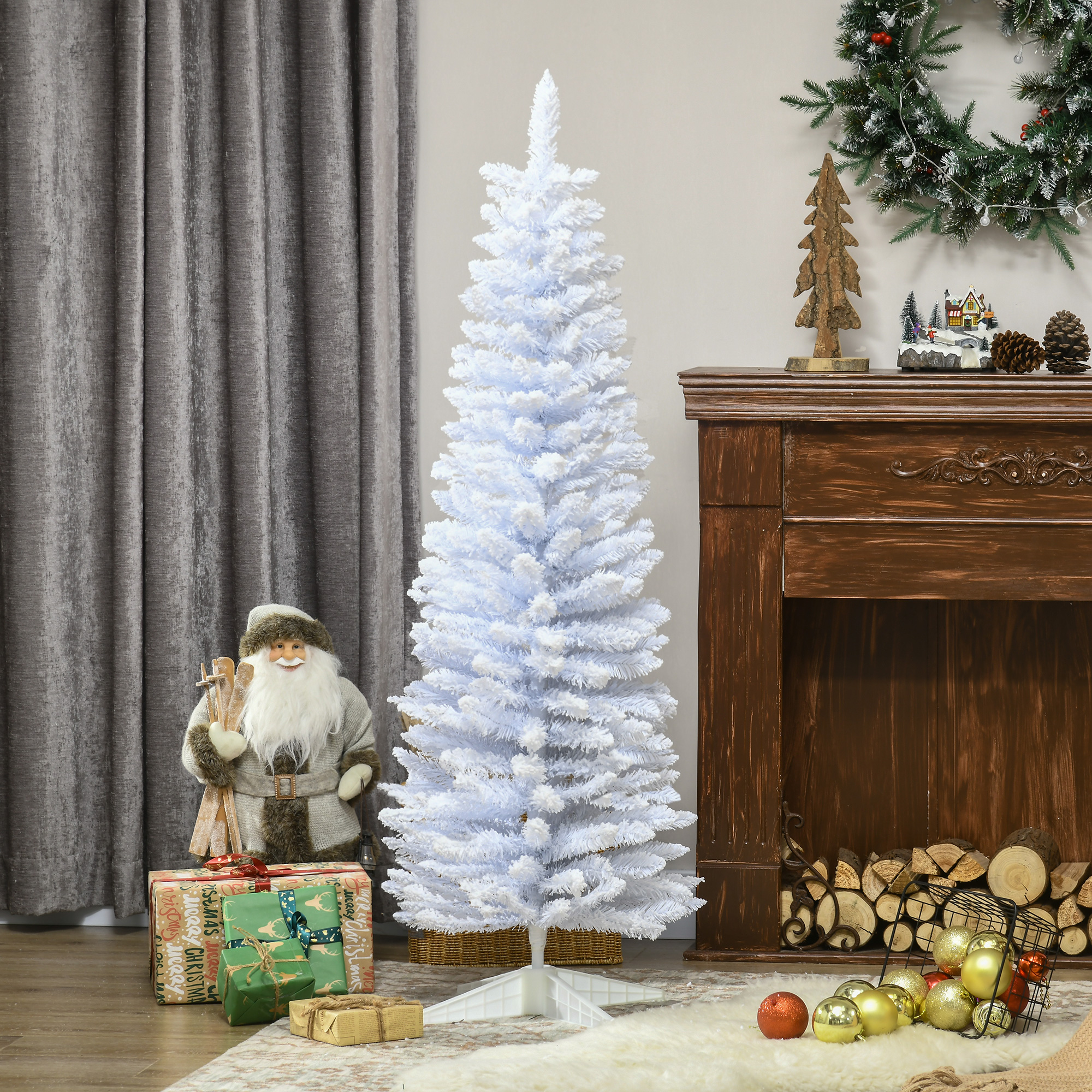 5 Decorated Christmas Tree Snow Flocked Artificial Christmas Tree with Pencil Shape, Realistic Branches, White