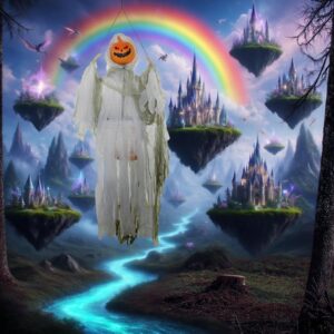 Outdoor Halloween Hanging Pumpkin Ghost w/ Light Up Eyes, Sound Activated Prop w/ Creepy Howling Sounds