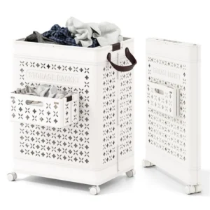20 Gallon Foldable Laundry Hamper with Mini Hanging Basket, PP Hollow Design with Wheels