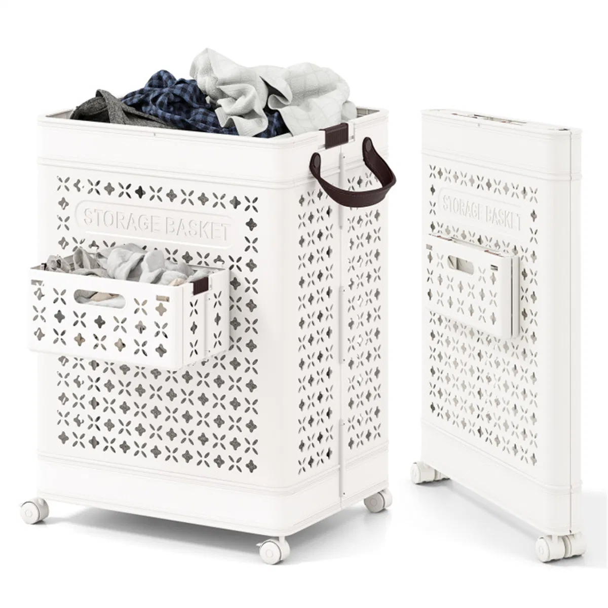 20 Gallon Foldable Laundry Hamper with Mini Hanging Basket, PP Hollow Design with Wheels