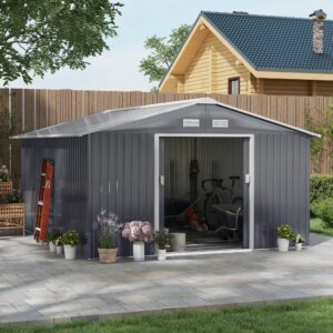 11 x 13 Garden Metal Shed, Storage Shed Utility Storage with Double Locking Doors for Bike, Yard Tools, Dark Gray