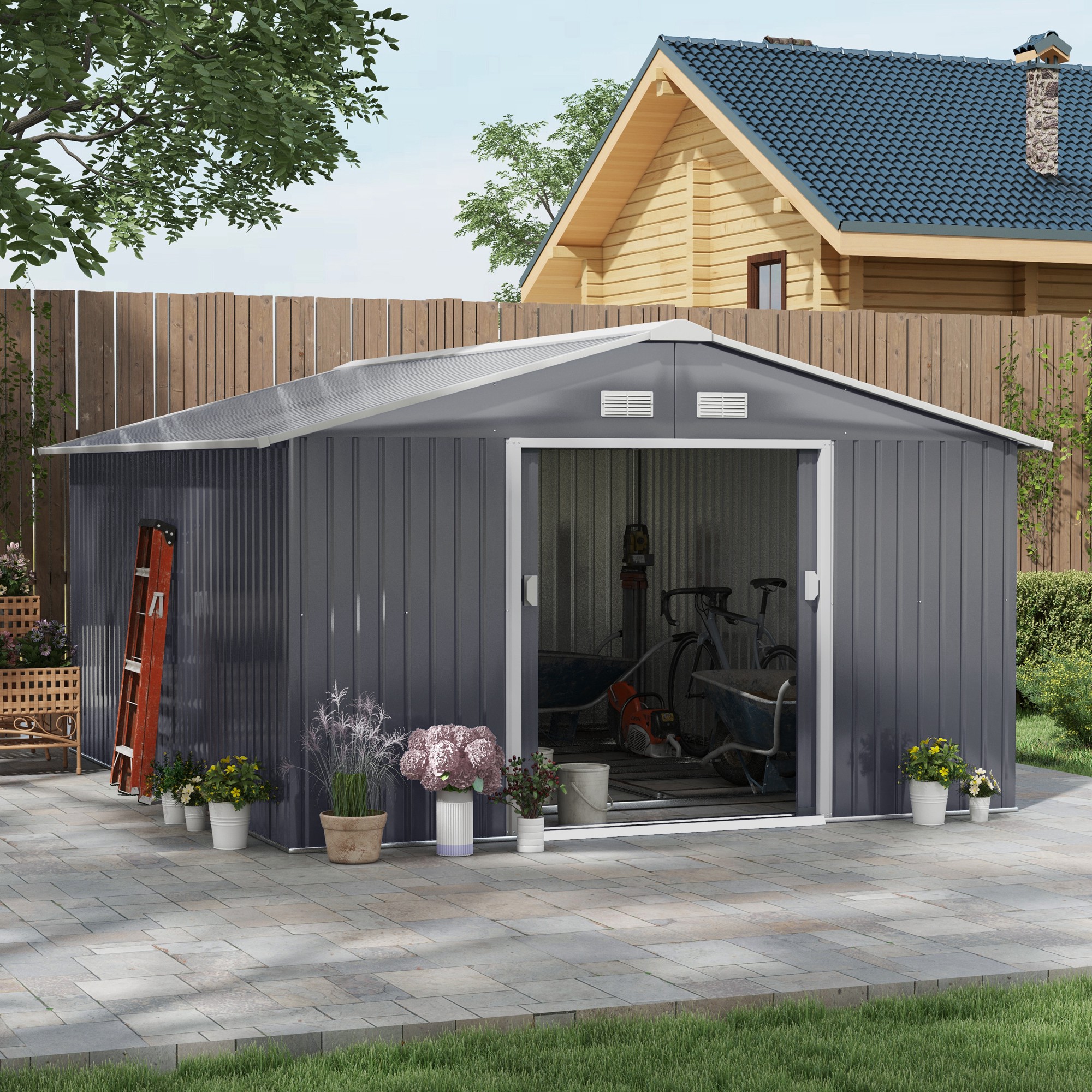 11 x 13 Garden Metal Shed, Storage Shed Utility Storage with Double Locking Doors for Bike, Yard Tools, Dark Gray