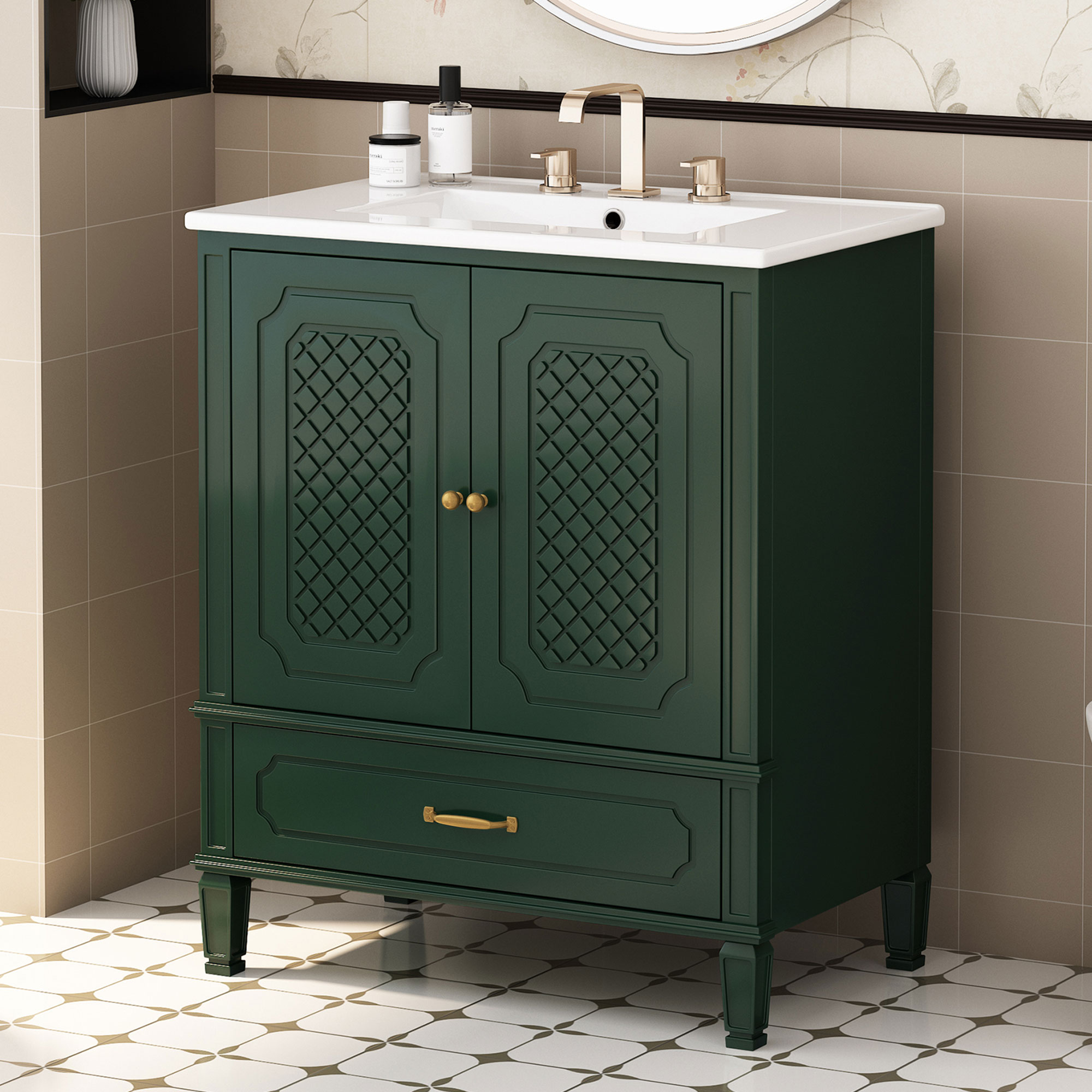 Video 30 Bathroom Vanity With Sink Vintage Style, Multi-functional Storage Space, Door Shelf, Soft-closing Door, Green Same Sku N759P218644F