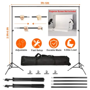 Adjustable Backdrop Support System, 5-10ft Wide Photo Background Stand with 4 Clamps, Spring-Loaded Joints and Oxford Storage Bag for Studio & Outdoor Shooting