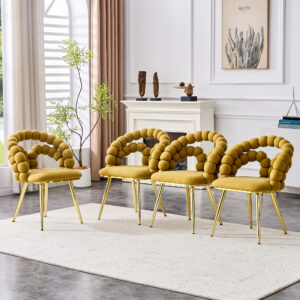 Set Of 4 Yellow Puffy Bubble Chair Ball Chain Chair Velvet Dining Chairs With Gold Legs, Modern Upholstered Accent Chairs For Dining Room & Kitchen