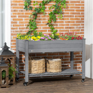 47" x 21" Raised Garden Bed Elevated Wooden Planter Box w/ Lockable Wheels, Storage Shelf for Backyard, Dark Gray