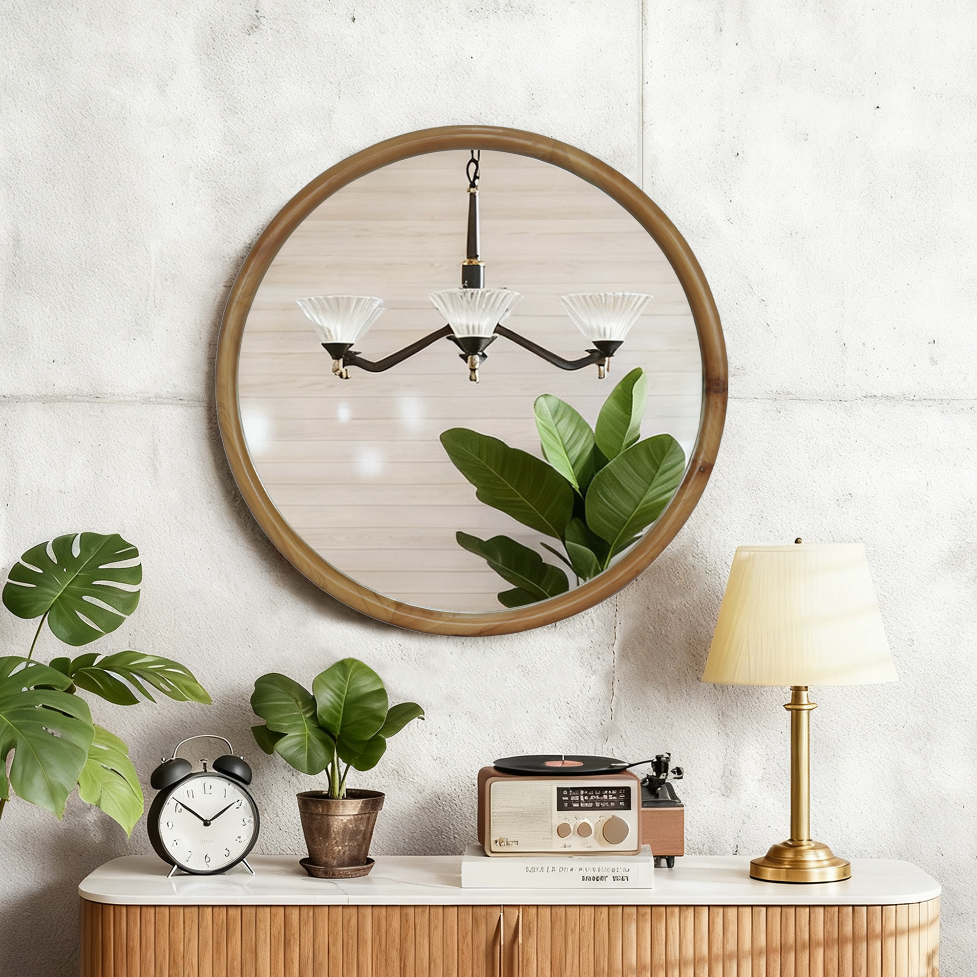 Round Wood Framed Wall Mirror, 27.56 Natural Wooden Circle Mirror For Bathroom, Bedroom, Entryway, Mid-Century Modern Decorative Mirror